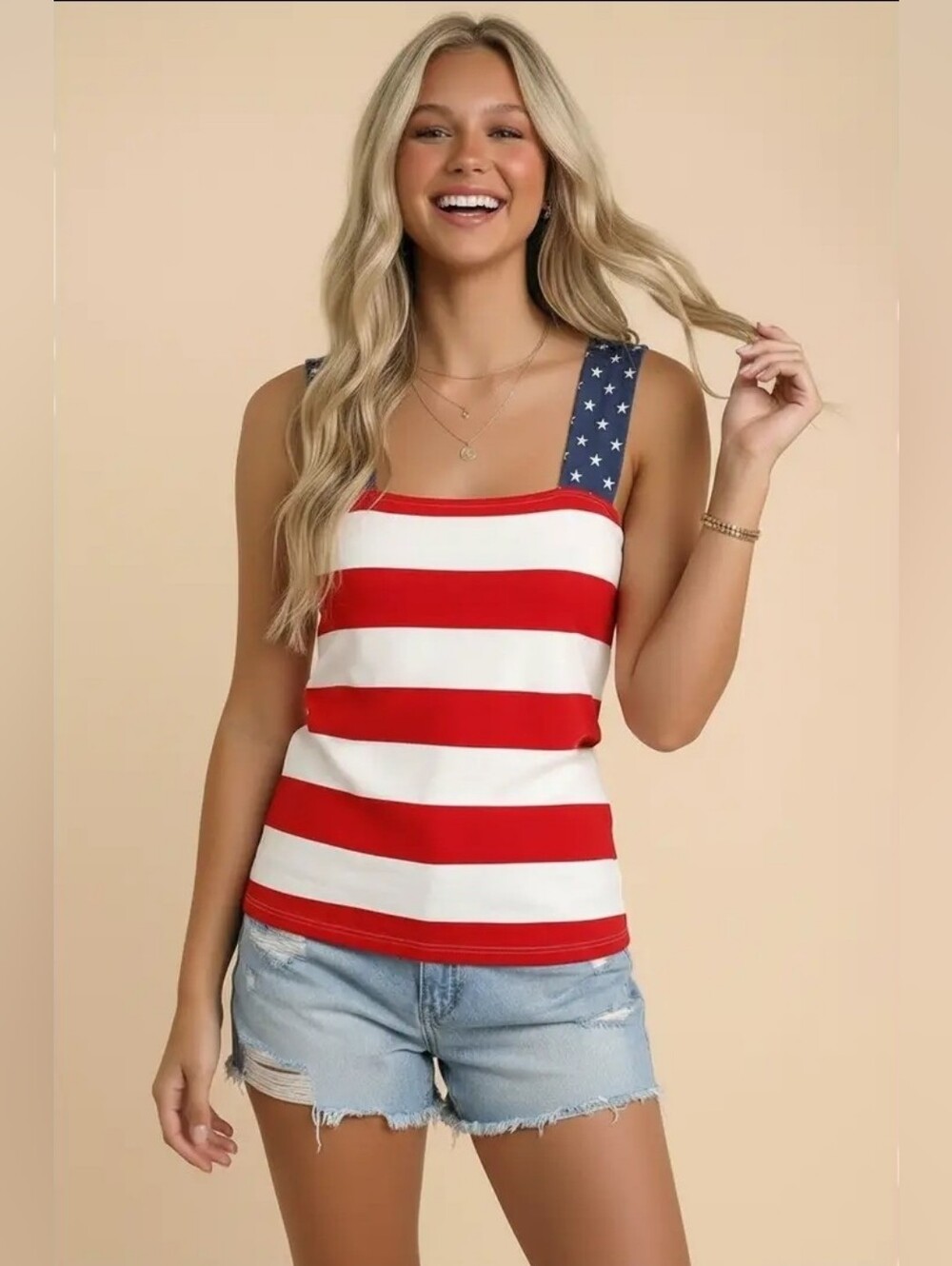 Kori Red & White Striped Tank with Navy Star-Print Straps